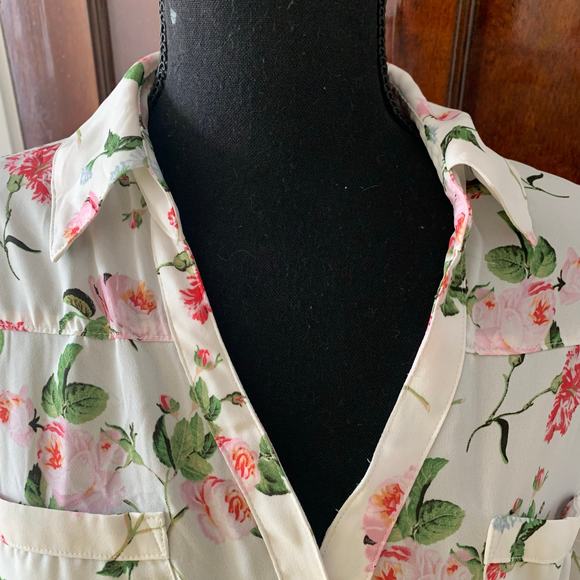 Express White Chiffon Collared Button Down White Floral Shirt LARGE Roll Tab - Picture 6 of 16